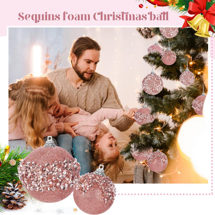 Poen 24 Pcs Glitter Christmas Ball Ornaments Set Christmas Tree Ornaments Hanging Sequin Foam Christmas Balls Decoration for Xmas Tree Wreath Garland Christmas Home Decor Wedding Party(Rose Gold)