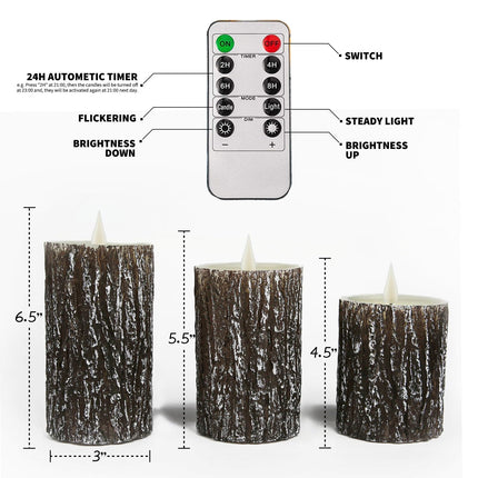 NICEME LED Pine Bark Flameless Candles Set of 3 Real Wax Battery Operated Candles Flickering Teardrop Wick Electric Decorative Pillar Bark Candles with Remote Timer, D3 x H4 5" 6"