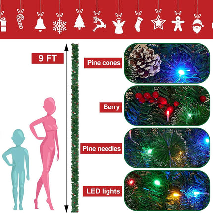 9 ft Pre-lit Lighted Christmas Garland Decoration with Timer, Battery Operated Waterproof Artificial Xmas Garlands with 50 Coloured Lights, Green Pine Branches, for Indoor/Outdoor/Fireplace Decor