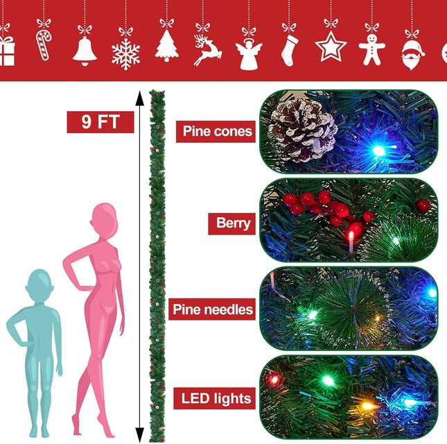 9 ft Pre-lit Lighted Christmas Garland Decoration with Timer, Battery Operated Waterproof Artificial Xmas Garlands with 50 Coloured Lights, Green Pine Branches, for Indoor/Outdoor/Fireplace Decor