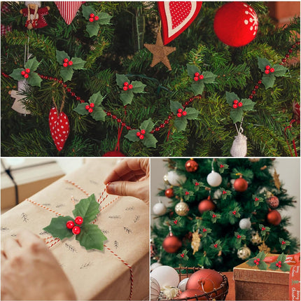 Lyrow 288 Pcs Christmas Artificial Holly Berry Stems with 60 Pcs Holly Leaves Red Holly Berries Picks Fake Berry Branches for Christmas Tree DIY Garland Home Wreath Craft Holiday Party Ornaments