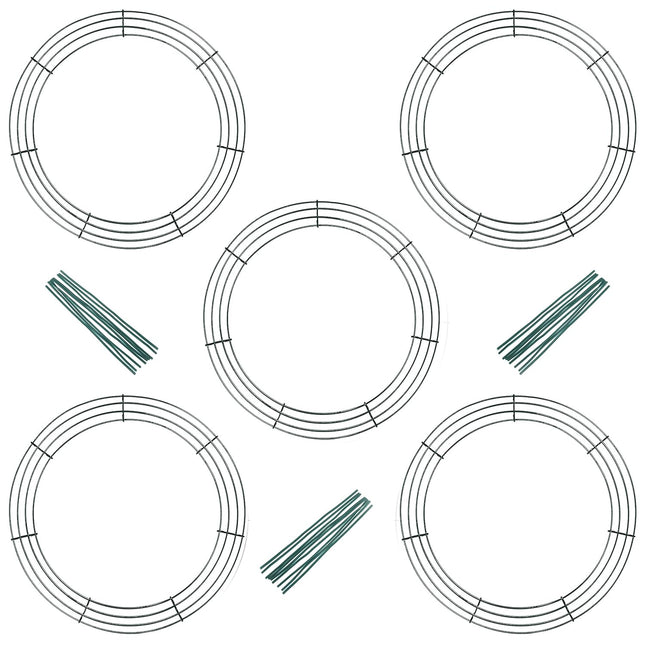 Pack of 5 Wire Wreath Frame (14 Inch) with 25 Twist Ties – Round Metal Wreath Form for Crafts & Floral Decorations on Weddings Christmas Home Party Celebrations, Dark Green