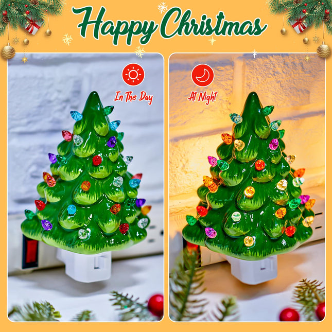 Brightown Ceramic Christmas Tree Night Light - 2 Pack 6" Christmas Decorative Ceramic Tree with ON/Off Switch, Vintage Christmas Night Light for Bedroom Bathroom Living Room Porch Holiday Decor