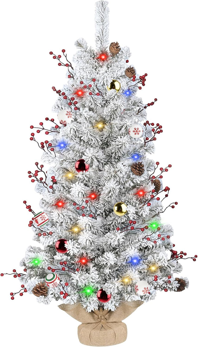 DDHS Small Flocked Christmas Tree,4ft Prelit Tabletop Christmas Tree, with 100 Lights, Ornaments Balls, Pine Cones Red Berries, Easy to Assemble Perfect for Holiday Christmas Home Decor