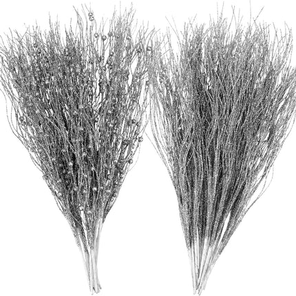 SUPREME XMAS 30 Pack Artificial Glitter Berry Stem Ornaments, Silver Christmas Twigs Branches Picks Ornaments Set for Xmas Tree Decorations Wreath Vases Fireplace Holiday Wedding Party Home Decor