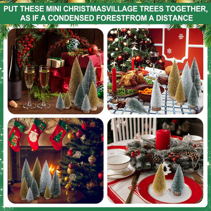 Meooeck 12 Pcs Mini Christmas Trees 4 Sizes 4/6/8/10 Inch Bottle Brush Christmas Trees Artificial Christmas Tree with Wood Base Winter Snow Fake Pine Tree Decor for Home (Green, Gold, White)