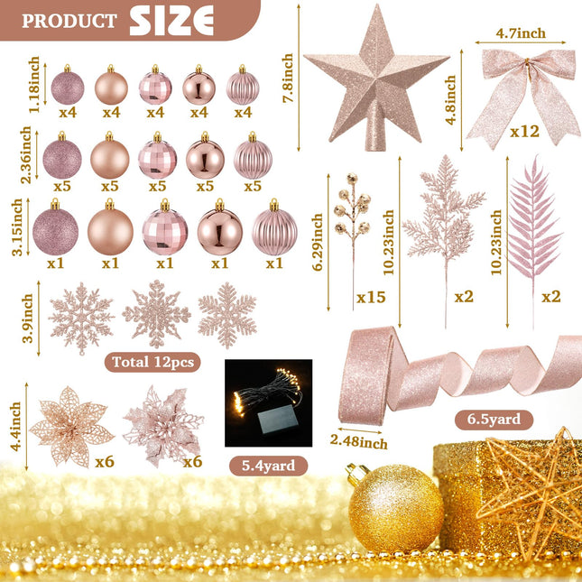 Poen 108 Pcs Christmas Tree Ornament Set Including Xmas Tree Ball Glitter Poinsettia Bows Berries Stems Leaves Snowflakes Ribbon Lights for Christmas Decoration(Rose Gold)