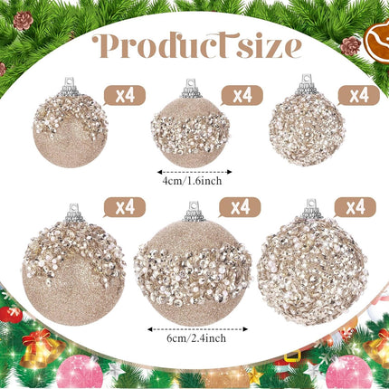 Poen 24 Pcs Glitter Christmas Ball Ornaments Set Christmas Tree Ornaments Hanging Sequin Foam Christmas Balls Decoration for Xmas Tree Wreath Garland Christmas Home Decor Wedding Party (Champagne)