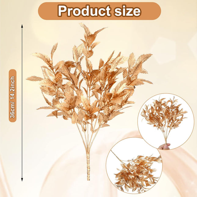 12 Packs Gold Leaves Artificial Plants for Christmas Decoration, Plastic Grass Fake Shrubs Simulation Leaves Golden Flowers Home Indoor Outdoor DIY Planter Vase Filler Garden Wedding Xmas Decoration