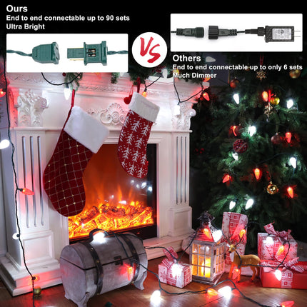 Brizled Red & White Christmas Lights, 33ft 50 LED Faceted C9 String Lights Outdoor, Connectable Christmas Tree Lights, UL Indoor Xmas Lights Waterproof for Christmas House Roof Party Decor
