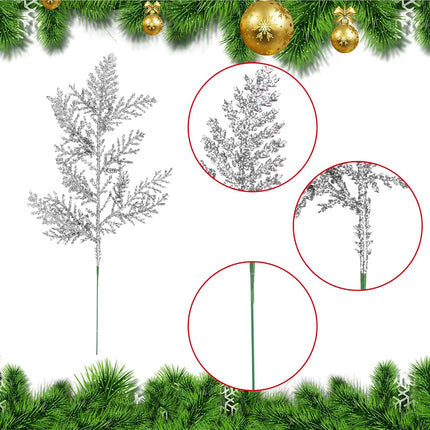 Watayo 45 Pcs Glitter Artificial Pine Needles- 10.6" Fake Foliage Pine Stems Picks- Silver Leaves Artificial Flowers Picks for Christmas DIY Garland Wreath Home Garden Decoration