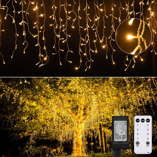 Icicle Lights Outdoor, 19.6FT 306 LED Christmas Lights with 54 Drops, Dimmable Hanging Lights with Remote, Timer, and 8 Light Modes, Connectable Twinkle Fairy Lights Holiday Decorations, Warm White