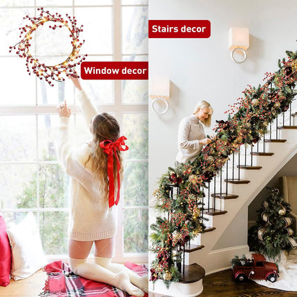 EAMBRITE Lighted Red Berry Garland, 6 FT 88 LED Christmas Garland with Warm White Lighs, Battery Operated Garland with Timer Christmas Decorations for Fireplace Mantle Mantel Indoor Outdoor Use