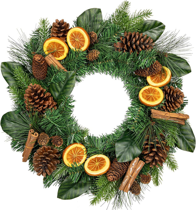 Briful 20inch Christmas Wreath for Doors, Artificial Christmas Wreath with Pine Cones Orange Slices Cinnamon Sticks for Xmas Farmhouse Wall Kitchen Room Table Indoor Outdoor Porch Decoration