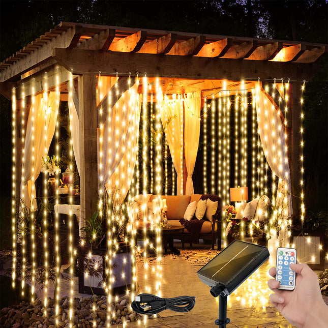 XZAI Christmas Icicle Lights, Solar Curtain Lights, 300 LED Outdoor Waterfall String Lights with USB Rechargeable, IP67 Waterproof, with Remote, 8 Modes, Timer, Fairy Lights Curtain