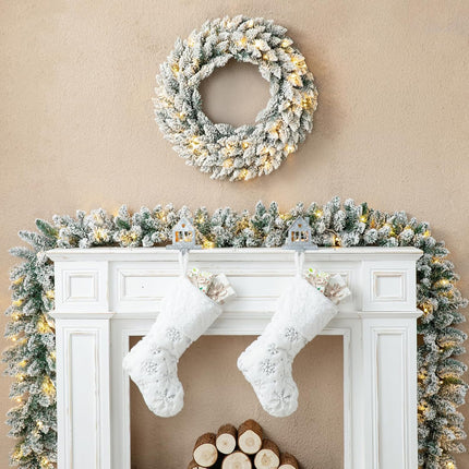 Glitzhome 2PCS Pre-Lit Snow Flocked Christmas Garlands with Warm White LED Lights and Timer for Home Fireplace Office Windows Front Door Wall Christmas Tree - 9 ft