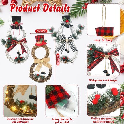 3 Pcs Lighted Christmas Wreath Decoration Grapevine Wreath with Hat Bow Holding Sign Red Berries Pine Cone Vine for Xmas Front Door Home Garden Wall Decor, Batteries Not Included (Snowman)