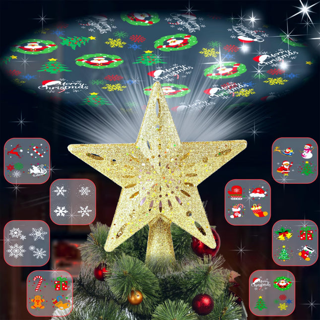 Christmas Tree Topper Lighted with 8 Projection Modes, Christmas Star Tree Topper Built-in LED Rotating Lights, 3D Gold Star Tree Top Glitter Projector for Xmas Party Holiday Decorations