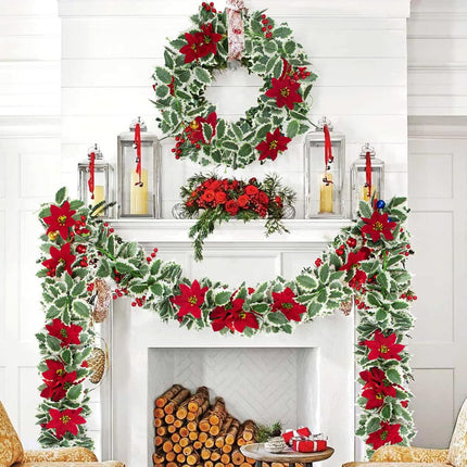 Christmas Poinsettia Garland 25.5 Feet Artificial Poinsettia Garland with White Edge Green Holly Leaves for Xmas Home Dining Room Deck Railing Staircase Decorations (Poinsettia&Ball&Berry)