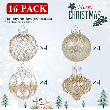 3.15" Clear and Champagne Christmas Ball Ornaments Set, 16 Pcs Luxury Hand-Painted Xmas Tree Decoration, Large Shatterproof Decorative Farmhouse Balls for Party Holiday Wreath Garland Home Decor