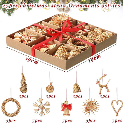 Gerrii Straw Ornaments Set Scandinavian Christmas Decorations Including Stars Snowflakes Hearts Angel Wreath Goats/Julbuck for Danish Norwegia Nnordic Christmas Tree (Vivid,27 Pcs)