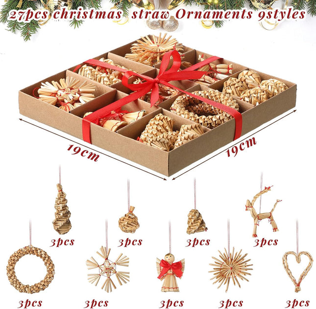 Gerrii Straw Ornaments Set Scandinavian Christmas Decorations Including Stars Snowflakes Hearts Angel Wreath Goats/Julbuck for Danish Norwegia Nnordic Christmas Tree (Vivid,27 Pcs)