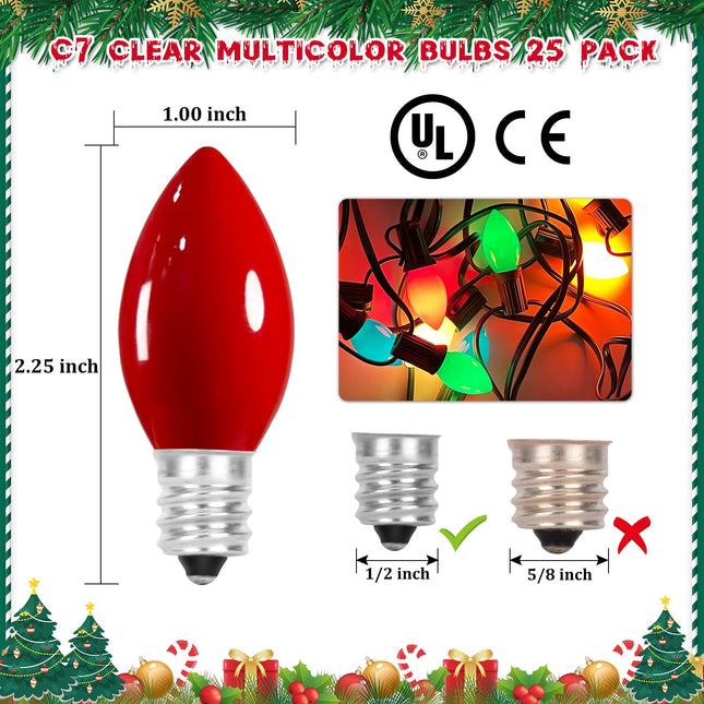 Christmas Lights Bulbs Multicolor, 25 Pack C7 Multicolor Replancement Bulbs, C7 Vintage Ceramic String Light Replacement Bulbs, E12 Candelabra Base, 5 Watt