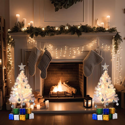Hotop 2 Pcs Small White Tabletop Christmas Tree with LED Lights DIY Mini Christmas Tree with Hanging Ornaments Star Treetop Decorated Boxes for Christmas Decor