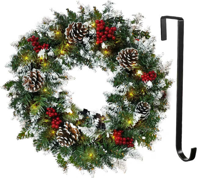 Christmas Wreath,Flocked with Mixed Decorations and 50 LED Light,Christmas Wreaths for Front Door Indoor Window Wall Décor, Outdoor Christmas Decorations(18 inch Battery Not Included)