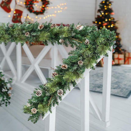 9 ft Prelit Christmas Garlands with 100 Lights Battery Operated Timer 8 Modes, Faux Frosted Pine Garland Christmas Decorations for Mantle, Stairs, Fireplace, with Pine Cones Dried Branches