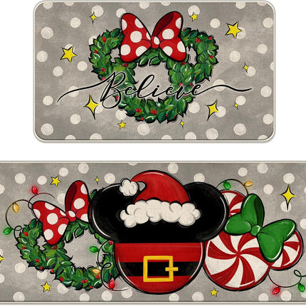 Christmas Believe Santa Mouse Kitchen Rugs Set of 2, Xmas Wreath Peppermint Candy Kitchen Mats Decor, Polka Dot Winter Holiday Door Mat Home Decorations -17x29 and 17x47 Inch