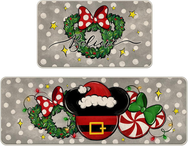 Christmas Believe Santa Mouse Kitchen Rugs Set of 2, Xmas Wreath Peppermint Candy Kitchen Mats Decor, Polka Dot Winter Holiday Door Mat Home Decorations -17x29 and 17x47 Inch