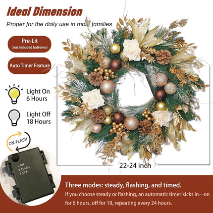 Christmas Wreaths for Front Door with Lights Pre-Lit, Soomeir 24“ Champagne Gold Door Wreath with Ball Ornaments, Battery Operated Holiday Thanksgiving Fall Winter Decor (Gold)