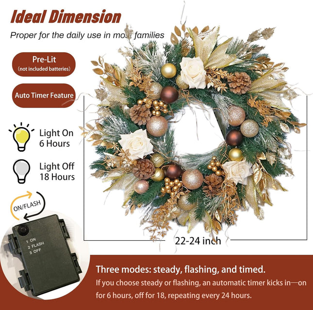 Christmas Wreaths for Front Door with Lights Pre-Lit, Soomeir 24“ Champagne Gold Door Wreath with Ball Ornaments, Battery Operated Holiday Thanksgiving Fall Winter Decor (Gold)