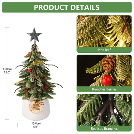 Small Christmas Tree Tabletop Christmas Tree Christmas Indoor Decorations with Holiday Ornaments Red Berry Pine Cone Greenery for Home Office Xmas Decor (White)