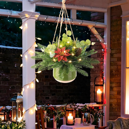 Artificial Christmas Hanging Baskets, Hanging Christmas Tree Basket Decorated with Pine Cones Red Flowers, Christmas Hanging Decoration for Front Porch Garden Patio Outdoor Xmas Decor
