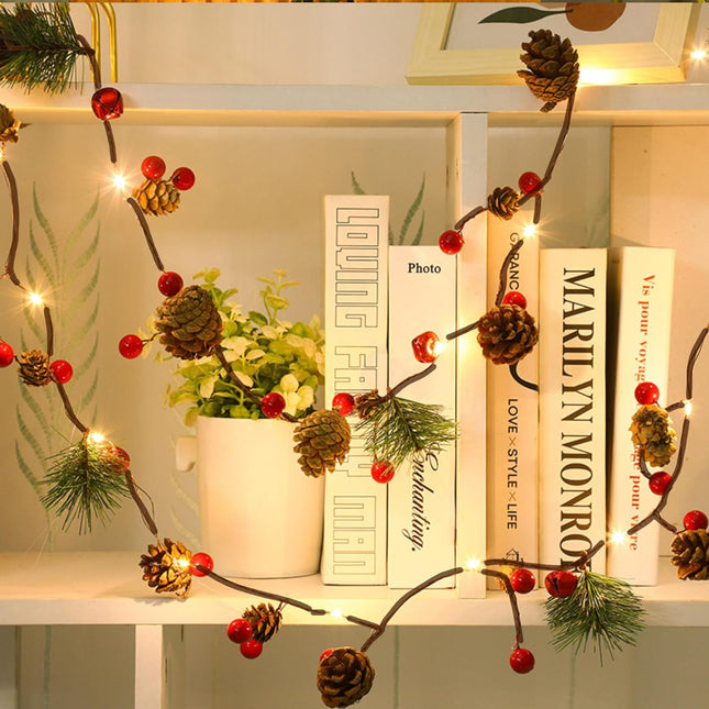TW SHINE 2 Pack Christmas Pine Cone String Lights, 13 FT 40 LED Total Prelit Battery Operated Garland with Red Berry for Indoor Outdoor Xmas Fireplace Decorations