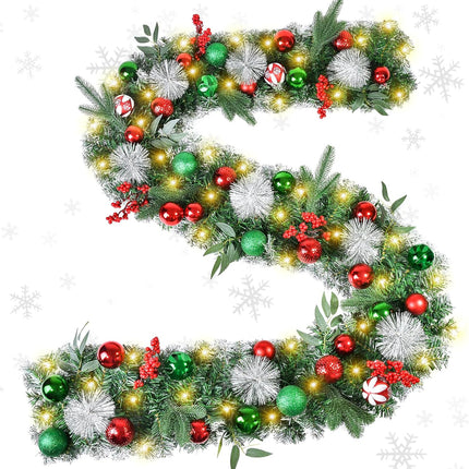 Beinhome Christmas Garland with Lights, 9 FT Pre-Lit Christmas Garland with Red Green Glitter Matte Ball Decorations for Home Front Door Stairs Table Centerpiece Fireplace Xmas Holiday Festival Decor
