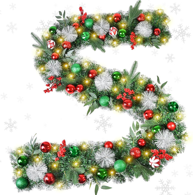 Beinhome Christmas Garland with Lights, 9 FT Pre-Lit Christmas Garland with Red Green Glitter Matte Ball Decorations for Home Front Door Stairs Table Centerpiece Fireplace Xmas Holiday Festival Decor