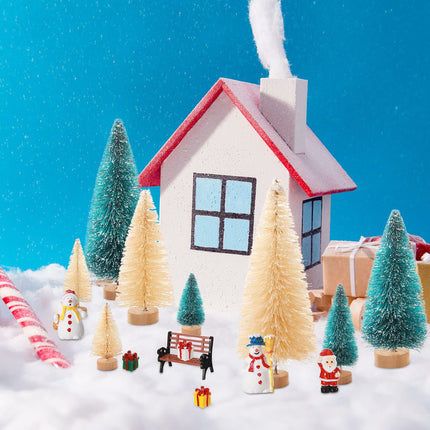 36 Pcs Christmas Miniature Village Accessories Set Mini Christmas Trees Bottle Brush Trees Decoration with Miniature Snowmen Santa Claus Garden Bench Street Lamps DIY Craft Ornaments for Kids Adults