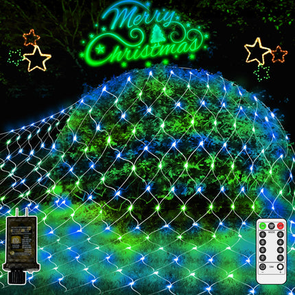 200 LED Christmas Net Lights Outdoor Decorations 3M2M Mesh Lights Fairy String Lights Plug in with Timer 8 Modes Waterproof for Outside Bush Window Wall Patio Fence Party Decor-Blue and Green