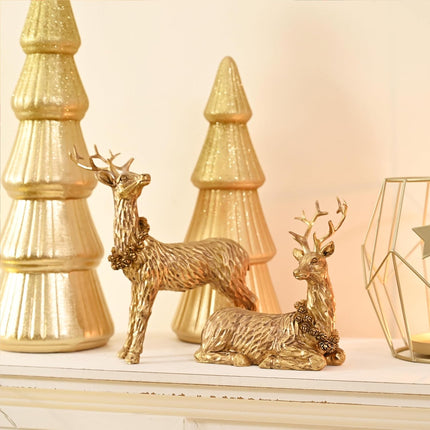 Gold Reindeer Christmas Decoration, 2Pcs Small Christmas Reindeer Figurines Indoor, Tabletop Reindeer Statue Christmas Decor, Resin Deer Figurine Decorations for Home