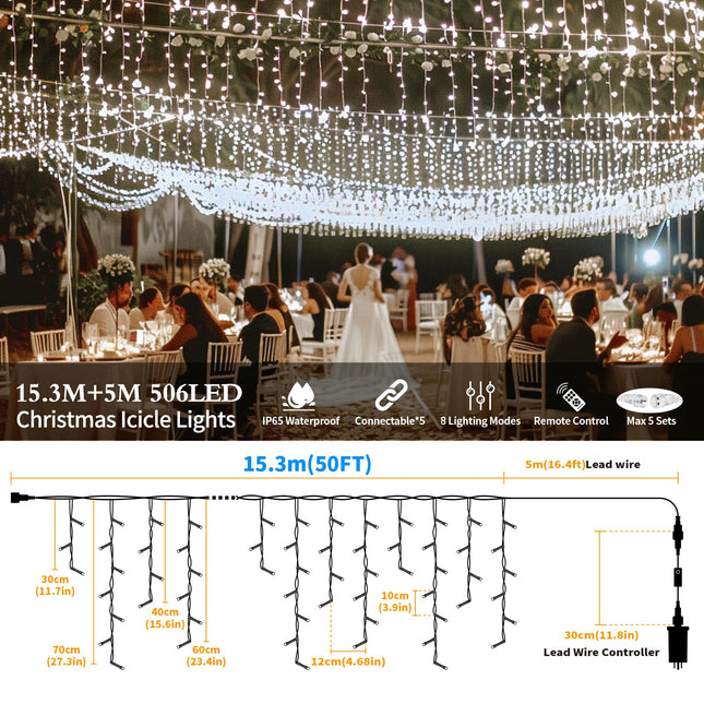 Icicle Christmas Lights 50+16Ft 506 LED Icicle Lights for Outside with 101 Drops 8 Modes Remote Dimmable Connectable Memory Timer Plug Icicle Lights Indoor Outdoor Xmas House Roof