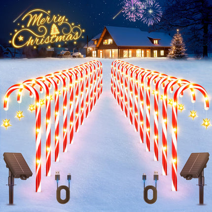 24 Pack Christmas Decorations Outdoor, 56.5ft Long 10 Modes Solar Candy Cane Christmas Pathway Lights Outdoor, Solar Powered and USB Charging, Waterproof Outside Christmas Decorations for Yard Garden