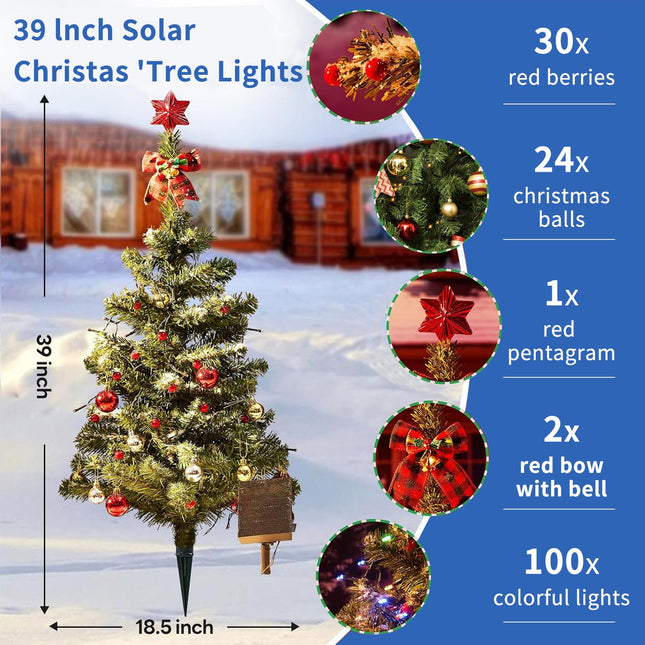 d Set of 2 Solar Christmas Tree 39 Inch Outdoor Christmas Tree with 100 LEDs, 8 Flashing Patterns with Ornaments for Outsdie Holiday Display Yard Front Porch Pathway Grave Cemetery Decor