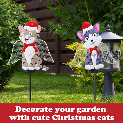 2 Pack Solar Christmas Stake Lights, LED Christmas Decorative Stakes Metal Cat with Santa Hat for Outdoor Xmas Pathway Lights Holiday Lawn Yard Garden Decoration, 32 Inches