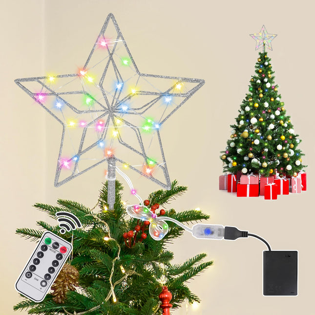 Christmas Tree Star Topper with 50 Colorful Lights,Glitter Silver Hollow Star Tree Topper,Exquisite Metal Tree Topper Star for Christmas,Xmas Party Decors, Year,Holiday Decorations,Party Supplies