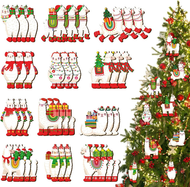 36 Pcs Llama Ornaments Alpaca Pendants Christmas Hanging Decorations Llama Wooden Ornaments Cactus Wooden Ornaments for Christmas Tree Decorations Holiday Xmas Party Decoration (Llama Style)