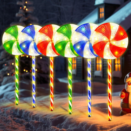 Flashmen 6PK 28inch Christmas Lollipop Pathway Light Outdoor Christmas Decorations 8 Lighting Modes Flickering Candy Marker Waterproof Outdoor Christmas Pathway Light 18ft