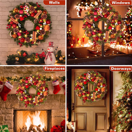 Quntis 16 Inch Christmas Wreath with 40 Lights 8 Modes, Lovely Christmas Door Wreath Decorations Artificial Xmas Wreath with PineCones Dried Lemon Pieces, Winter Wreaths Outdoor Porch Fireplace Window